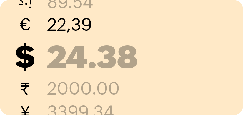 Numbers with global currency symbols highlights Zoho Books' multi-currency feature