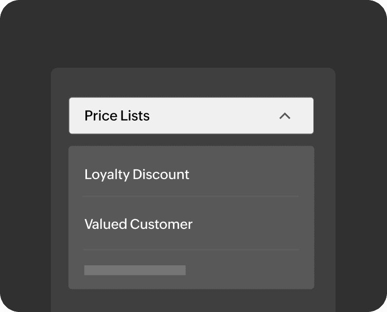 Price list dropdown displaying options like 'Loyalty Discount' and 'Valued Customers'.